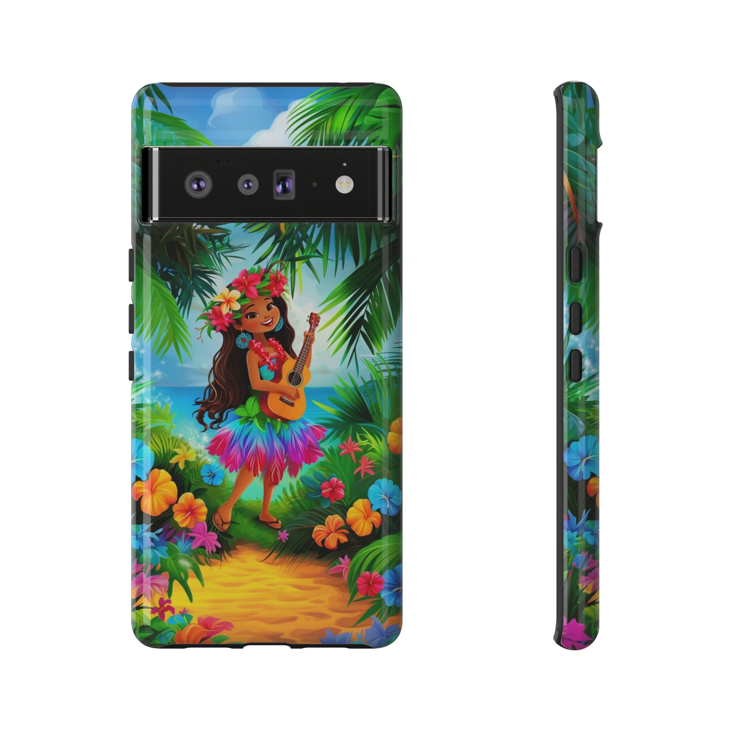 Hula Girl Ukulele Hawaiian Phone Case, Tropical, Hibiscus, Wireless Compatible, Protective Cell Phone Case for iPhone, Samsung, Pixel phones