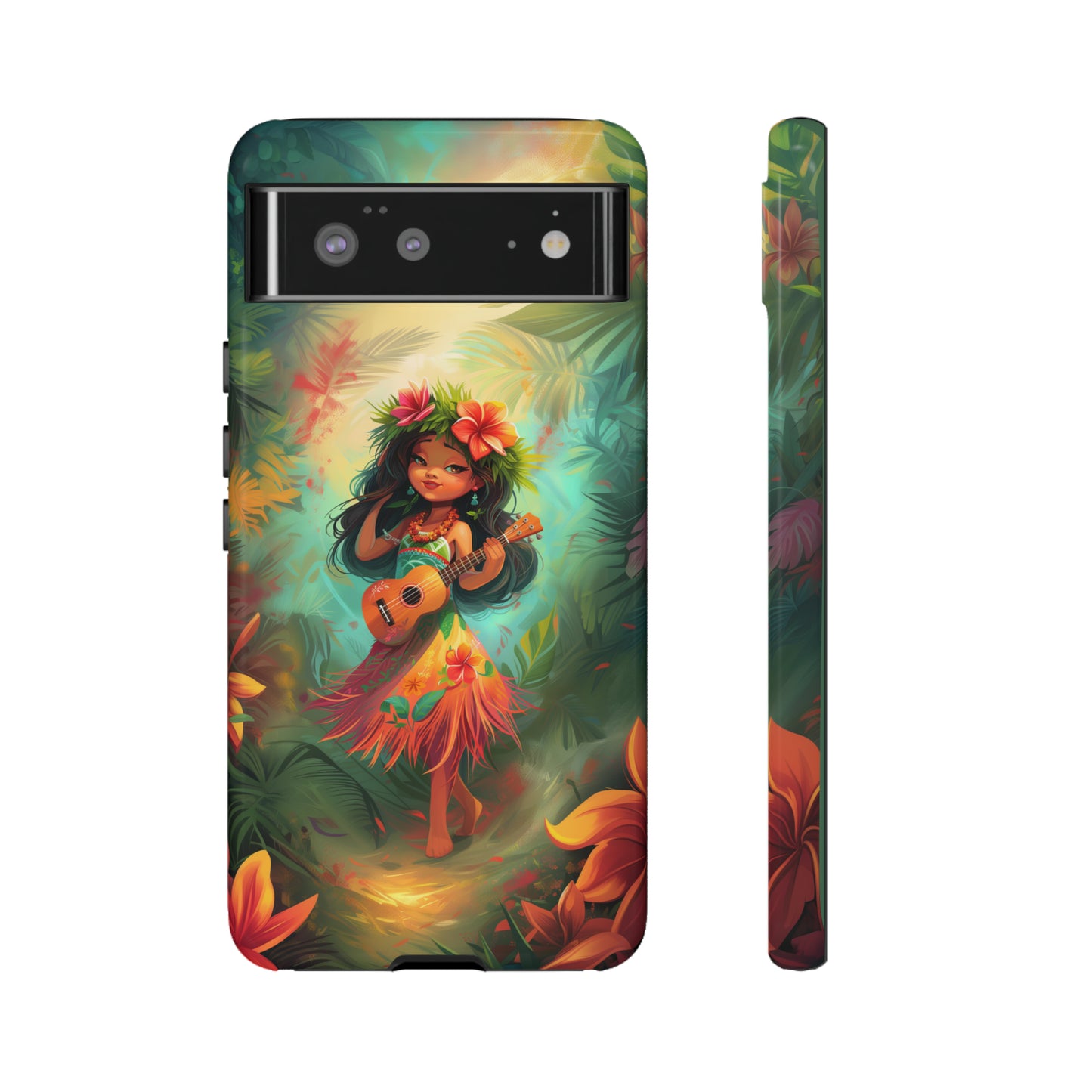 Cute Hula Girl Ukulele Hawaiian Phone Case, Tropical, Hibiscus, Wireless Compatible, Protective Cell Phone Case for iPhone, Samsung, Pixel