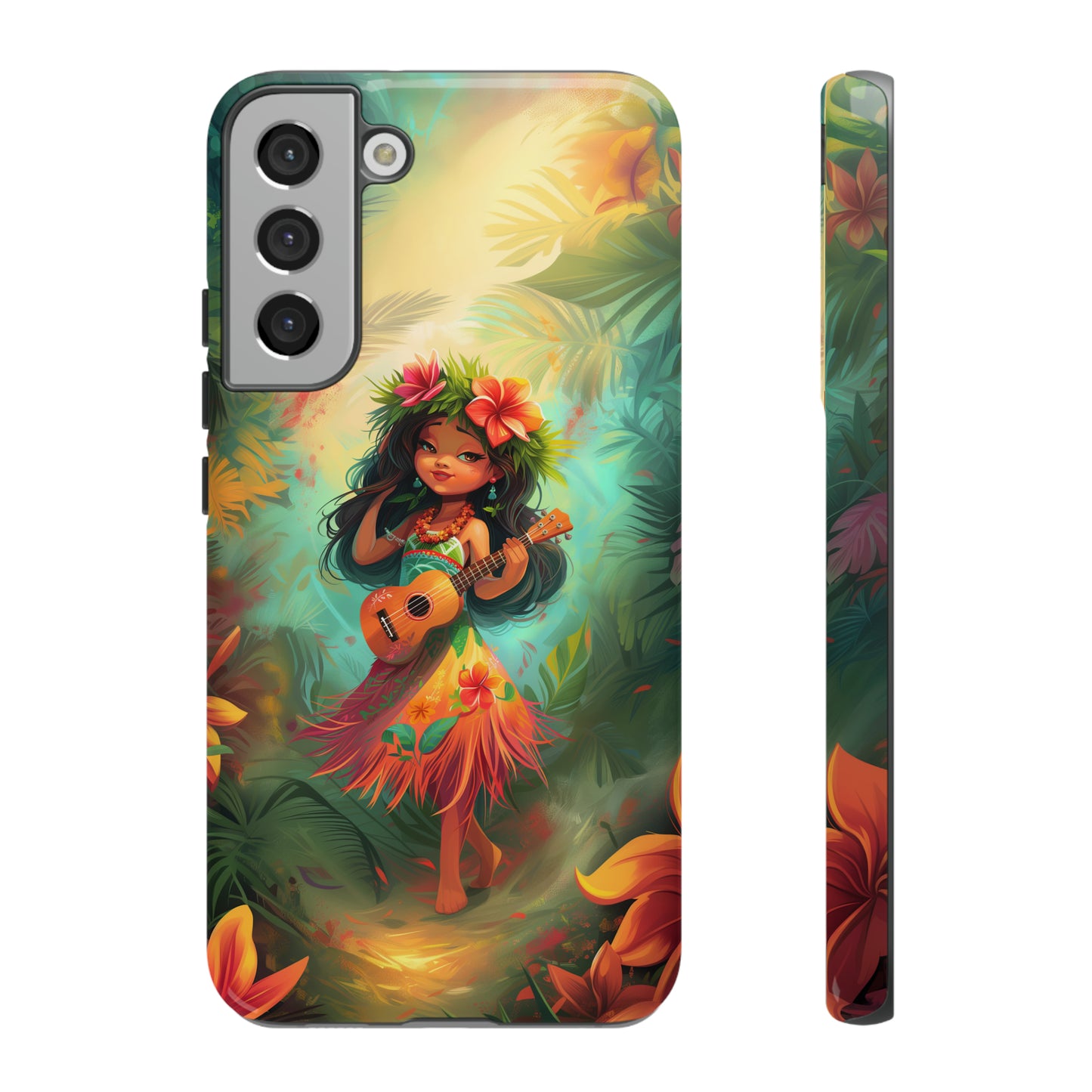 Cute Hula Girl Ukulele Hawaiian Phone Case, Tropical, Hibiscus, Wireless Compatible, Protective Cell Phone Case for iPhone, Samsung, Pixel