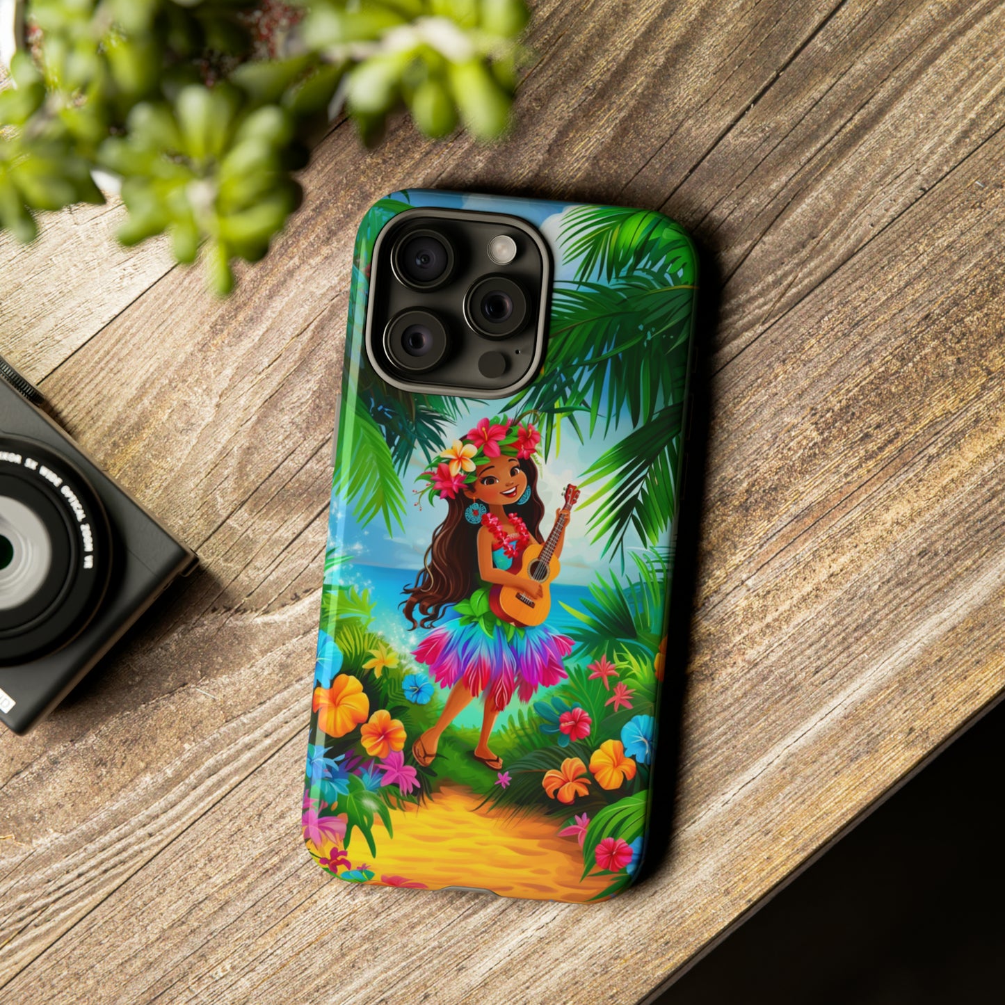 Hula Girl Ukulele Hawaiian Phone Case, Tropical, Hibiscus, Wireless Compatible, Protective Cell Phone Case for iPhone, Samsung, Pixel phones