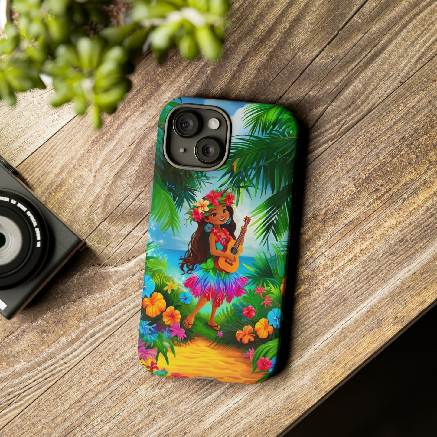 Hula Girl Ukulele Hawaiian Phone Case, Tropical, Hibiscus, Wireless Compatible, Protective Cell Phone Case for iPhone, Samsung, Pixel phones