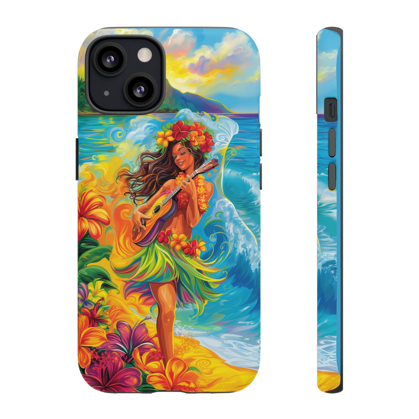 Ukulele Hula Girl Hawaiian Phone Case, Tropical, Hibiscus, Wireless Compatible, Protective Cell Phone Case for iPhone, Samsung, Pixel phones