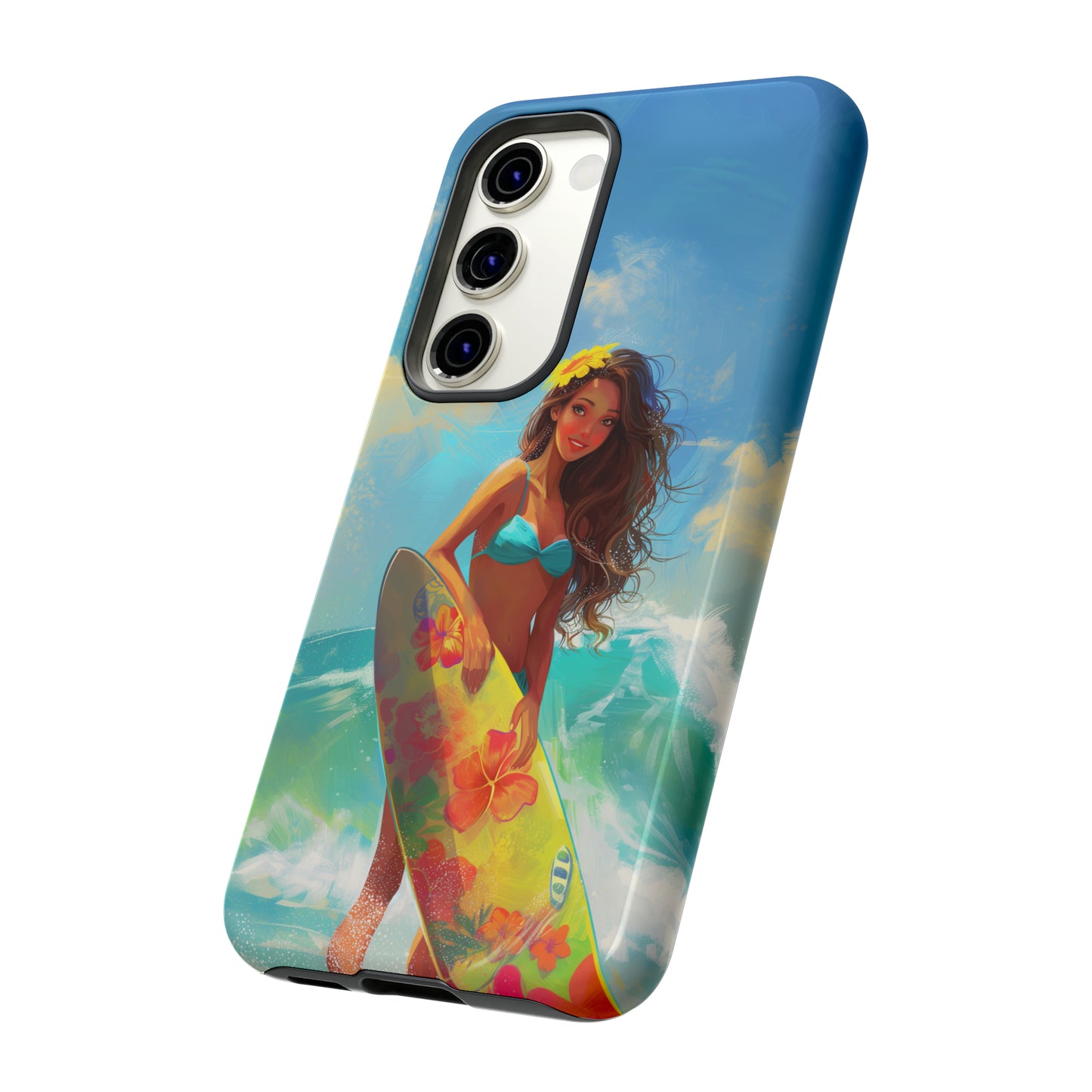 Surfer Girl Hawaiian Phone Case, Tropical, Hibiscus, Wireless Compatible, Protective Cell Phone Case for iPhone, Samsung, Pixel phones