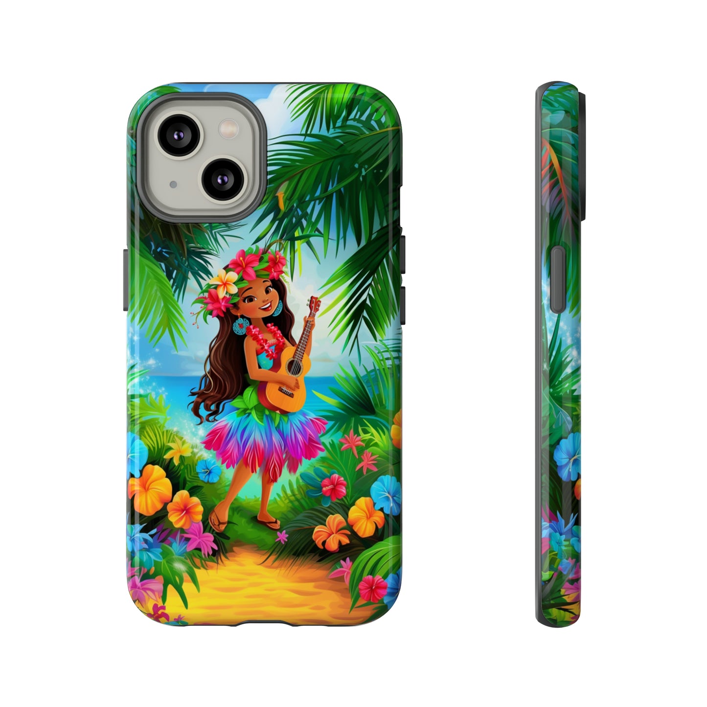 Hula Girl Ukulele Hawaiian Phone Case, Tropical, Hibiscus, Wireless Compatible, Protective Cell Phone Case for iPhone, Samsung, Pixel phones